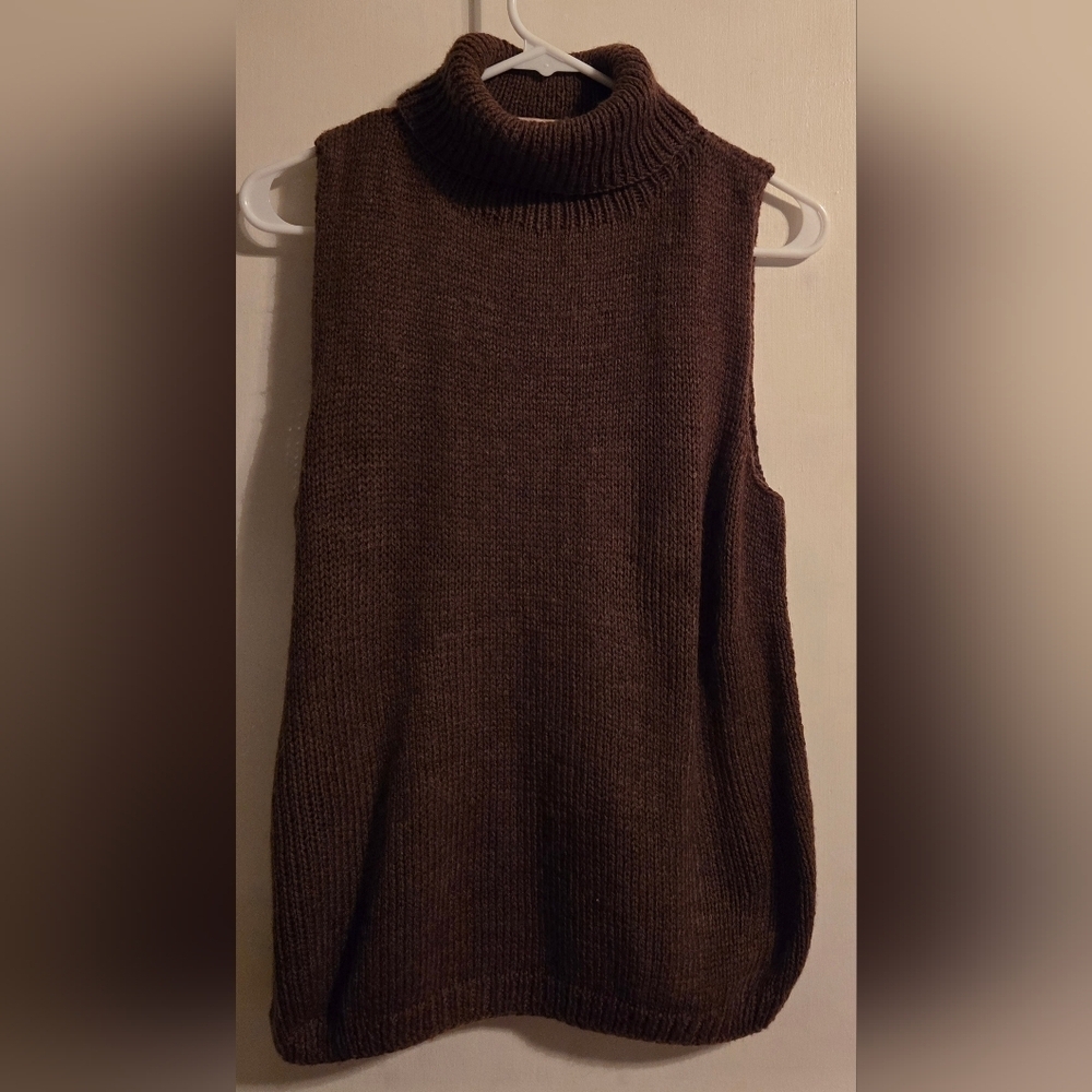 NWOT | Hand Knit Sleeveless Sweater Turtleneck Tank Top | Color: Chocolate Brown - Picture 3 of 12
